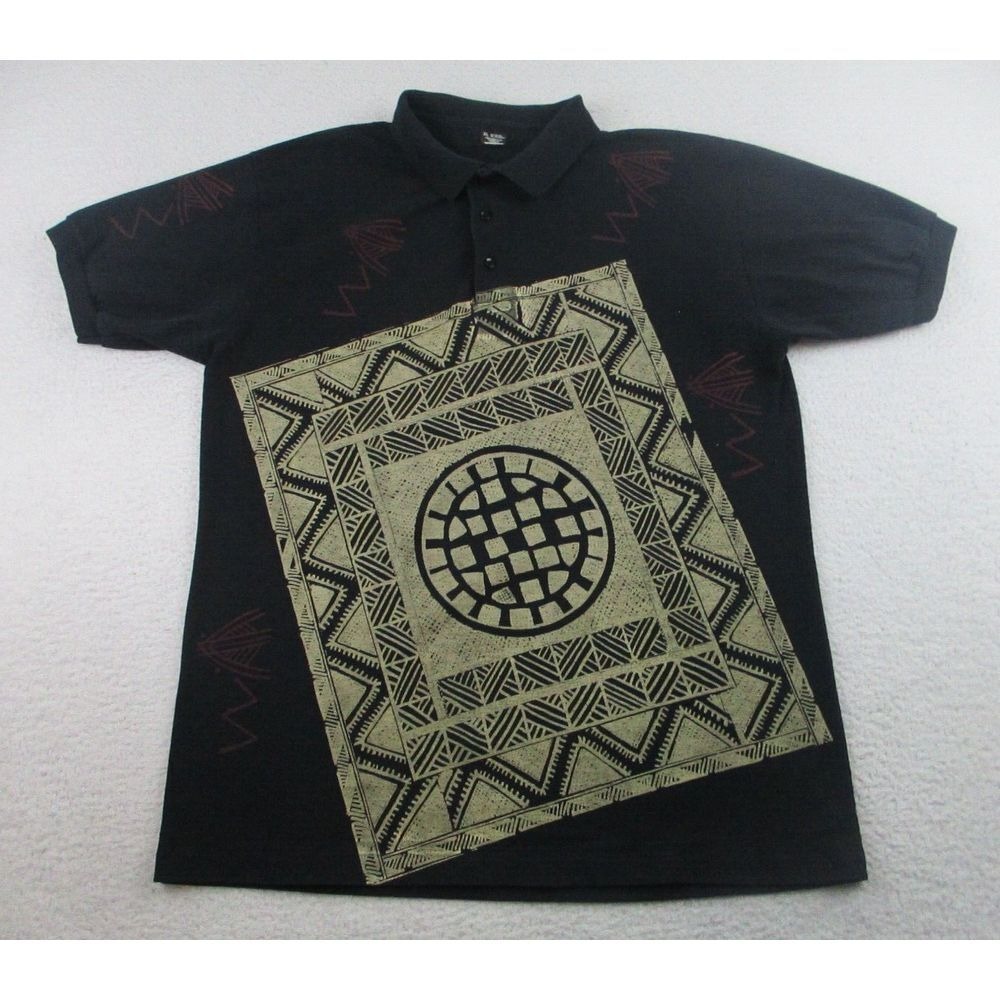 VTG‎ Screen Stars Polo Shirt Mens XL Black Tribal Art Print Short Sleeves Casual - Picture 2 of 9